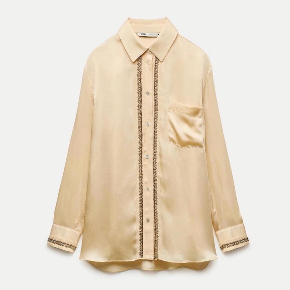 Zara Pastel Yellow Beaded Embroidered Satin Effect Shirt